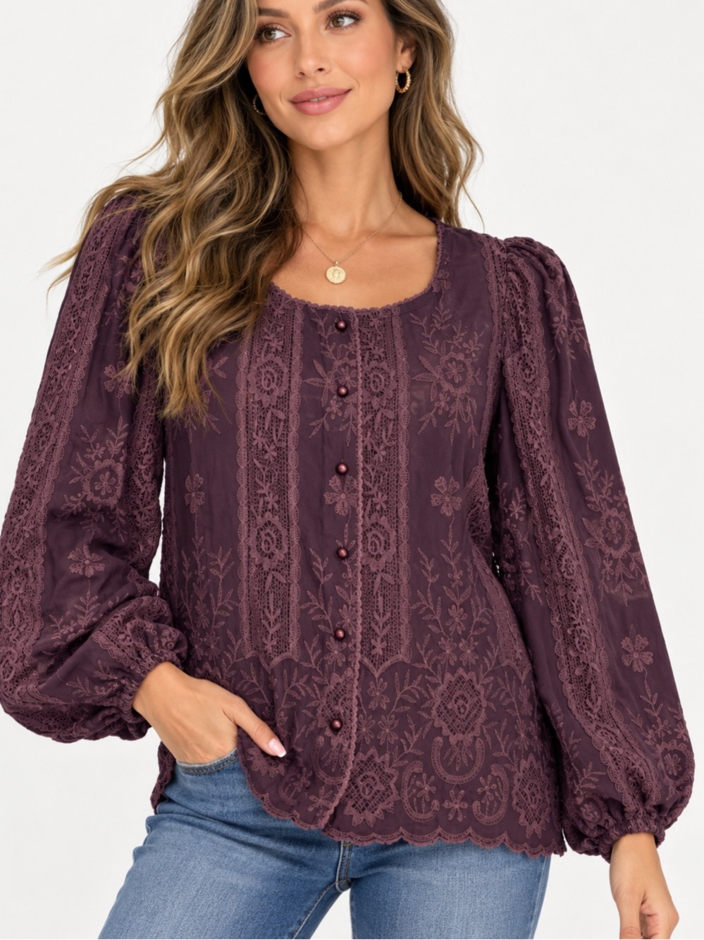 069.New Lace-Embroidered Plum Long-Sleeve Peasant Top